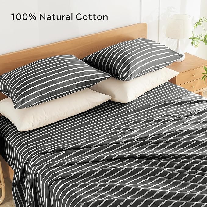 JELLYMONI 100% Natural Cotton Striped King Pillowcases Set, 2 Pack White and Black Stripes Pattern Printed Pillow Covers with Envelope Closure(Pillows are not Included)