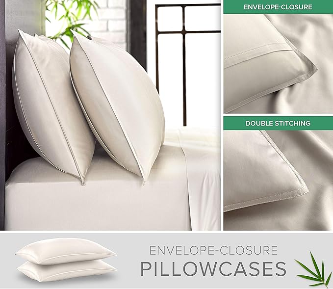 King Pillowcases by Pure Bamboo, Genuine 100% Organic Viscose Derived from Bamboo, Luxuriously Soft & Cooling, Double Stitching, Envelope Closure (2 King Pillowcases, Ivory)