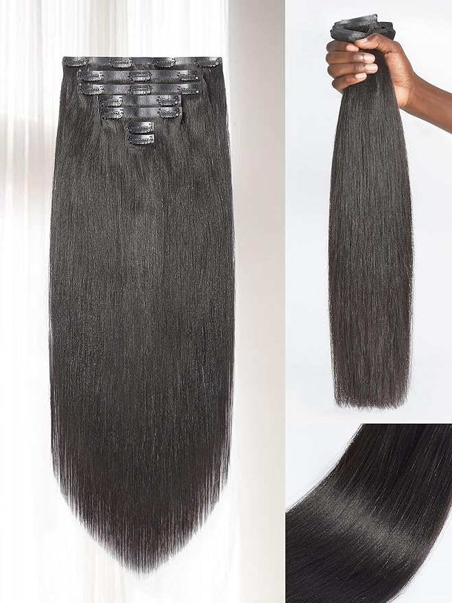 LUVME Yaki Straight Clip in Hair Extensions Real Human Hair For Women 100% Unprocessed Brazilian Virgin Hair clip ins Natural Black Hair Extensions 135g 9pcs 16 Inch