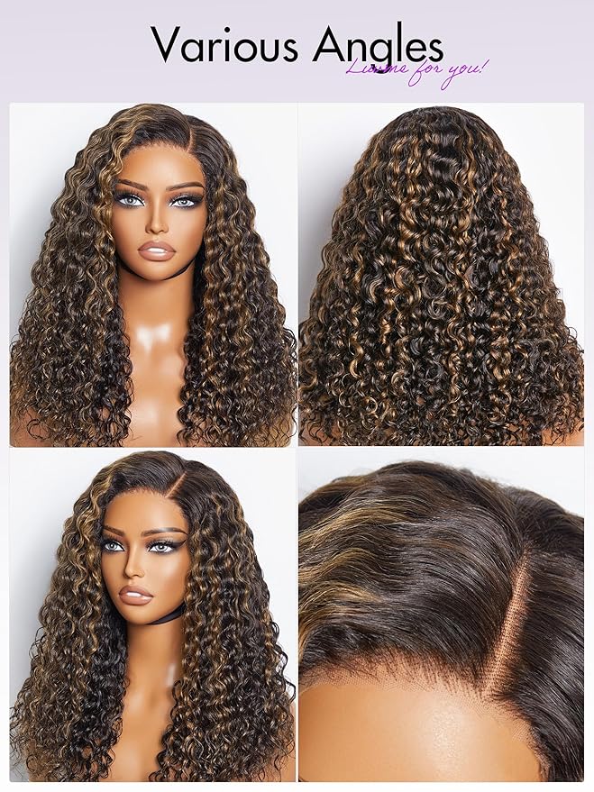 LUVME HAIR 18 Inch Highlight Brown Curly Lace Front Wig Human Hair Pre Cut Lace Glueless 5X5 Closure Wig Pre Plucked For Women 180 Density