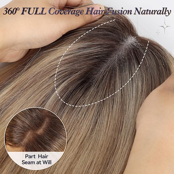 starluck Human Hair Topper for Women with Thinning Hair, 100% Real Human Hairpiece, 4.6 * 4 Inch Upgrade SilkHug Swiss Lace Base Hairpiece,14 Inch, No Bangs (Ombre Ash Blonde)