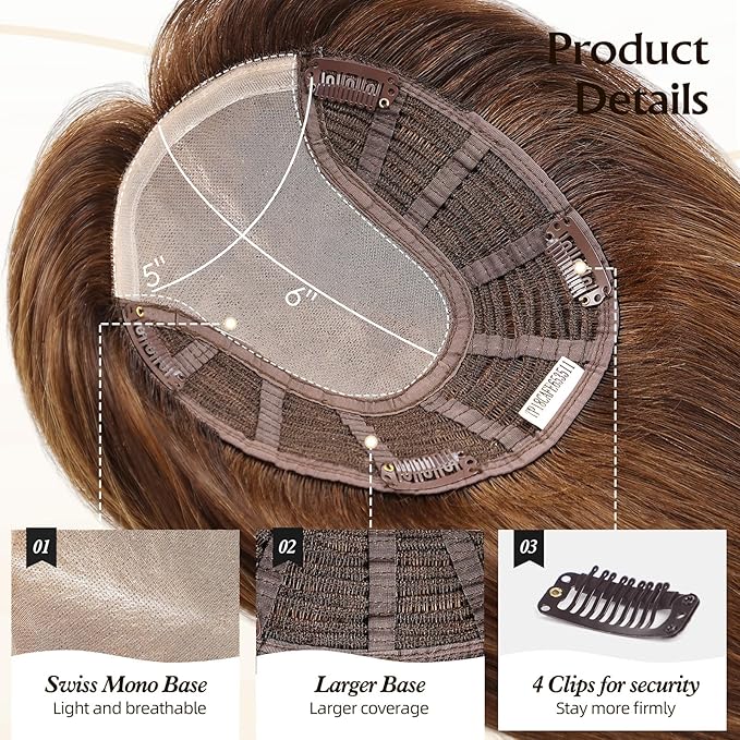 Large MONO Top Hair Toppers for Women Remy Human Hair 14 Inch 6"x7" Big Base Partial wig Cover Thinning Hair or Loss No Bangs Natural Wiglets(Dark Brown)