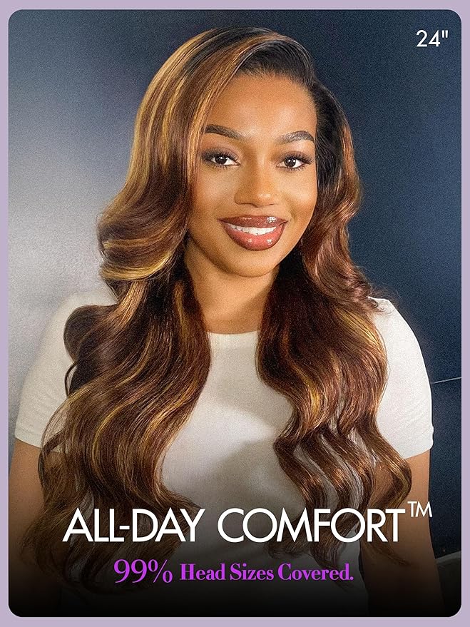 LUVME HAIR 7x6 HD Lace All-Day Comfort Wig 200% Density Hair PartingMax Lace Wigs Loose Body Wave Lace Front Wigs Human Hair Pre Cut Plucked Lace Frontal Glueless Mix Brown Highlight Color 18 Inches