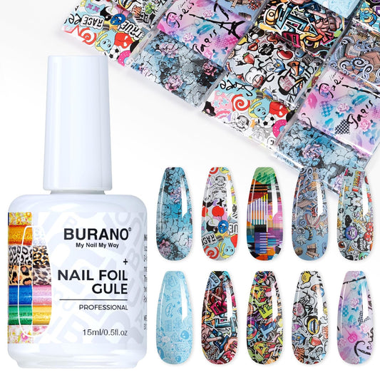BURANO Nail Art Nail Foil Glue Gel, o.5 oz with 10PCS Foil Stickers Set Nail Foil Glue for Nails Foil Transfer Gel, Nail Design DIY UV LED Lamp Required (Design Foil 17)