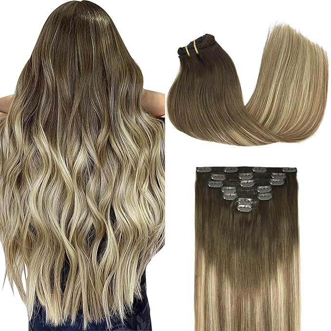 GOO GOO Clip in Hair Extensions Real Human Hair, Remy Human Hair Extensions Clip ins for Women, Natural Human Hair, 22inch 120g 7Pcs, 3/8/613 Balayage Walnut Brown to Ash Brown and Bleach Blonde
