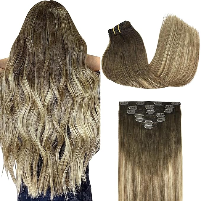 GOO GOO Clip in Hair Extensions Real Human Hair, Remy Human Hair Extensions Clip ins for Women, Natural Human Hair, 18inch 120g 7Pcs, 3/8/613 Balayage Walnut Brown to Ash Brown and Bleach Blonde