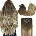 GOO GOO Clip in Hair Extensions Real Human Hair, Remy Human Hair Extensions Clip ins for Women, Natural Human Hair, 18inch 120g 7Pcs, 3/8/613 Balayage Walnut Brown to Ash Brown and Bleach Blonde