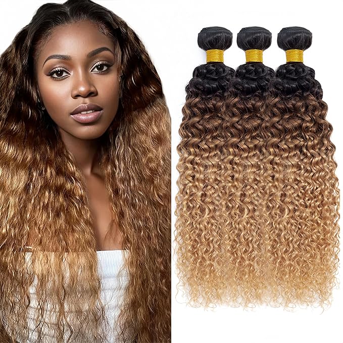 Ombre Blonde Curly Bundles Human Hair Light Brown Bundle Niegmeag Brazilian Virgin Remy Hair 3 Bundles 20 22 24 Inch Double Weft 3 Tone Brown and Honey Blonde Bundle