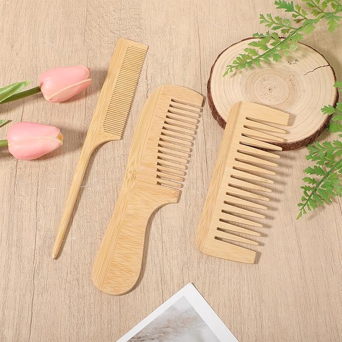 3 Pcs Bamboo Comb for Hair Growth, Natural Handmade Bamboo Anti-Static Combs Set - Wide Tooth, Rat Tail & Fine Tooth, Natural Nan Zhu Bamboos Wooden Combs for Hair & Beard, Travel Friendly