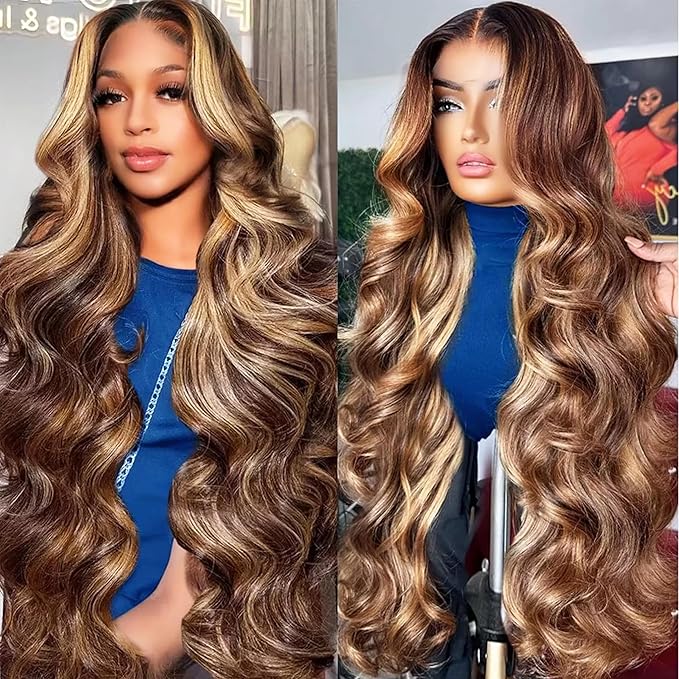 Honey Blonde Ombre 13x6 Lace Front Wig Human Hair 210 Density Highlight Body Wave Lace Front Wigs Human Hair Pre Plucked Glueless Lace Frontal Wig for Women 4/27 Colored 28Inch