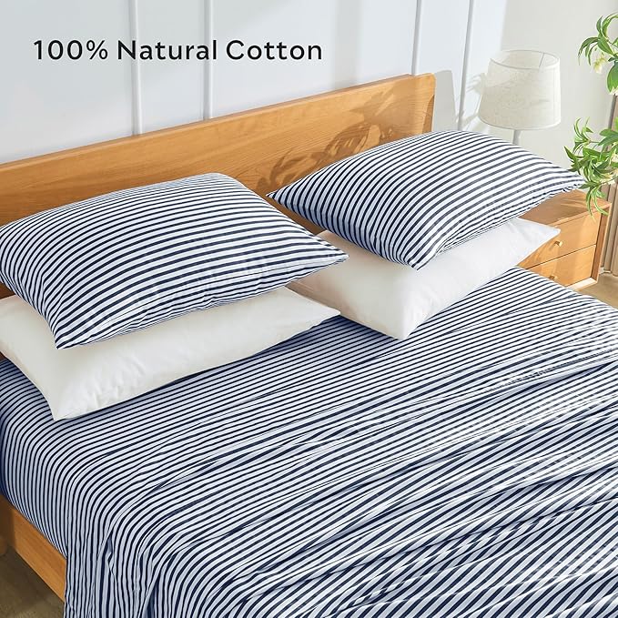 JELLYMONI 100% Natural Cotton Striped Queen Pillowcases Set, 2 Pack White and Dark Blue Stripes Pattern Printed Pillow Covers with Envelope Closure(Pillows are not Included)