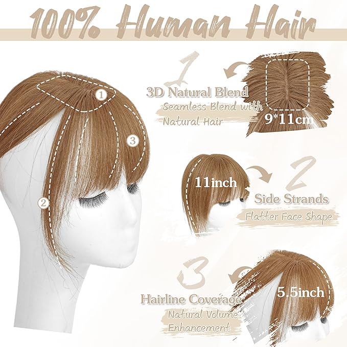 Human Hair Toppers for Women - 150% Density Clip In Hair Topper with Bangs U Shape 10 Inch Toppers Hairpieces for Women Perfect for Thinning Hairr Ideal for Daily Use Light Brown