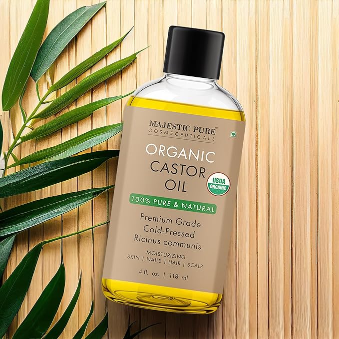 Majestic Pure USDA Organic Castor Oil - 100% Pure & Natural - Premium Grade, Cold Pressed, Hexane Free - Hair, Eyelashes, Eyebrows, Nails - Moisturizing & Nourishing - 4 Fl Oz