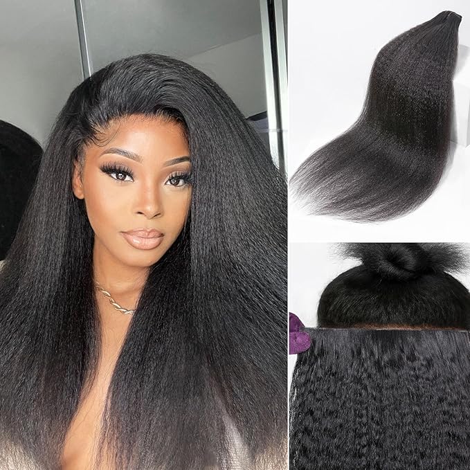 LUVME Invisible Clip in Hair Extensions, Kinky Straight Real Human Hair 16 Inch 2 Pack 220g 14pcs Clip ins Hair Extensions Natural Black for Women