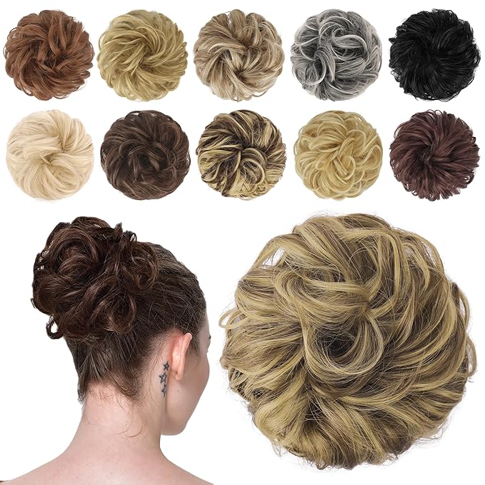 FESHFEN Messy Bun Hair Piece - Elastic Wavy Curly Hair Bun Scrunchies Extensions Synthetic Chignon Hairpieces for Women, Ash Brown & Blonde 1.5 oz