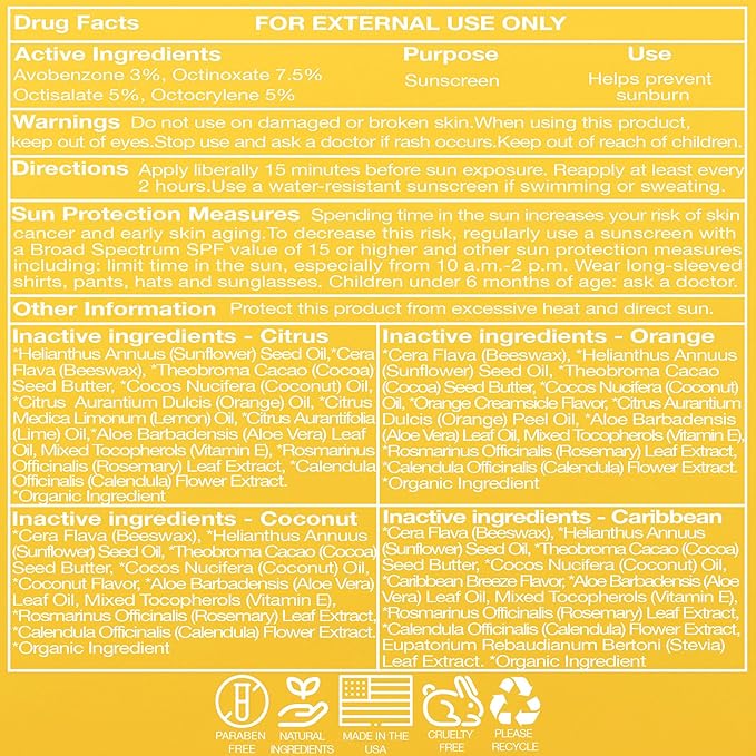 4-Pack Tropical Variety SPF 15 Lip Balm - Organic Ingredients, Broad Spectrum UVA/UVB Protection - Hydrating & Moisturizing, USA Made