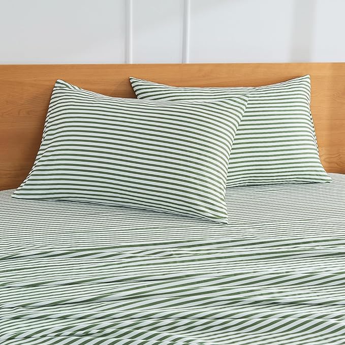 JELLYMONI 100% Natural Cotton Striped King Pillowcases Set, 2 Pack White and Green Stripes Pattern Printed Pillow Covers with Envelope Closure(Pillows are not Included)
