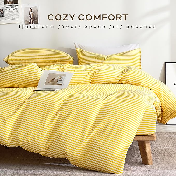 JELLYMONI 100% Natural Cotton Striped King Pillowcases Set, 2 Pack Bright Yellow Stripes Pattern Printed Pillow Covers with Envelope Closure(Pillows are not Included)