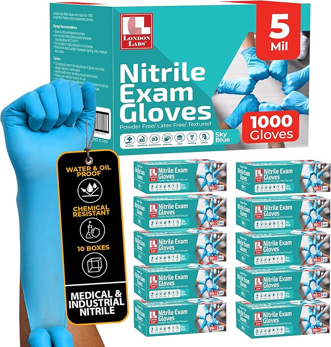 Sky Blue 5 Mil Nitrile Exam Gloves Disposable Latex Free | Medical Rubber Gloves for Doctors, EMT, First Aid Kit, Food Service & Cleaning | Bulk Nitrile for Mechanics (1000 CT) - Small