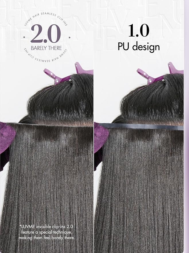 LUVME Invisible Clip in Hair Extensions, Yaki Straight Real Human Hair 18 Inch 2 Pack 220g 12pcs Clip ins Hair Extensions Natural Black for Women