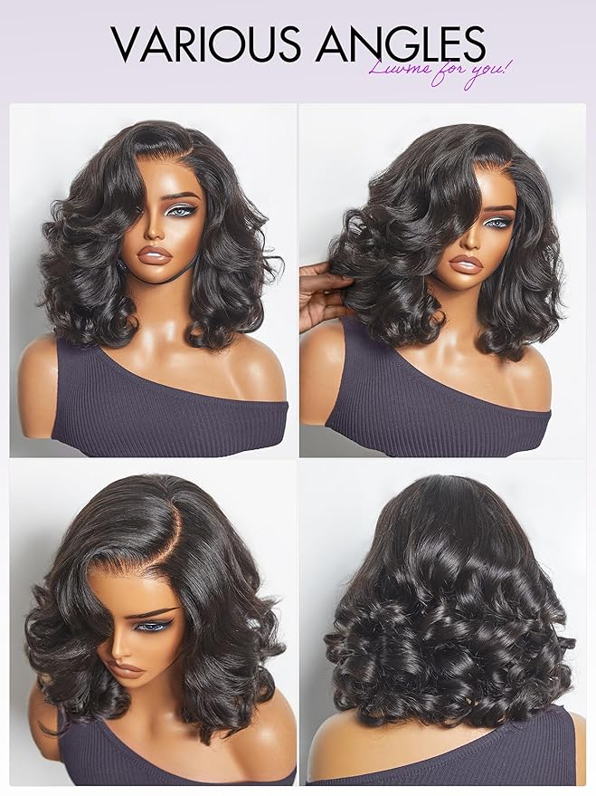 LUVME HAIR Loose Wave Bob Real 100% Human Hair Short Wigs Glueless Pre Cut Plucked Hd Lace Wig Ready To Go Natural Color Bleached Knots Side Part Black Wigs 12 Inches