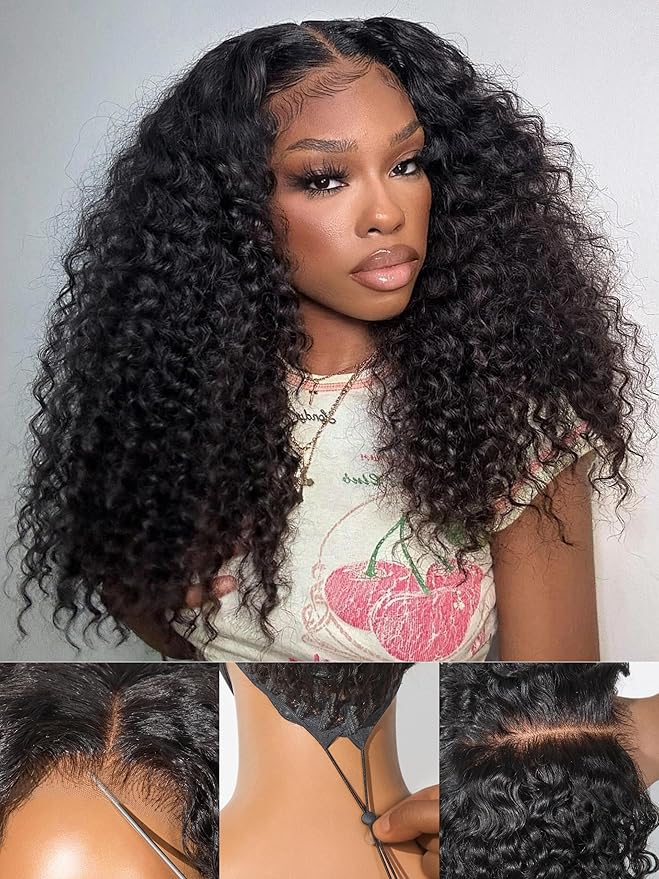 LUVME HAIR 5X5 Kinky Curly 200% Human Hair Wigs Glueless Lace Front 16 Inches Pre Cut Plucked Hd Lace Wig Ready To Go Natural Color Flexi-Fit Drawstring Cap Bleached Knots Black Wigs