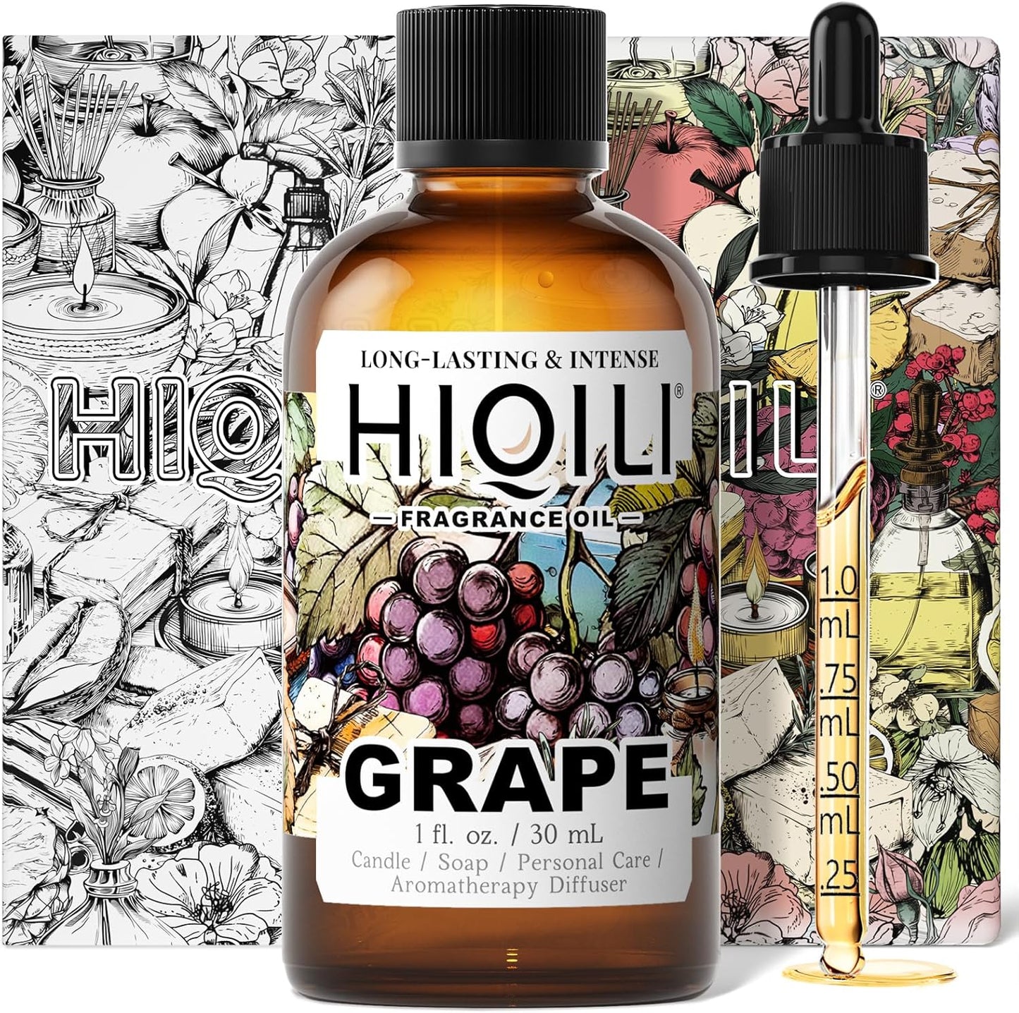 HIQILI Grape Fragrance Oil for Diffuser & Oil Burner, Fruity Scents for Making Candles, Hand Soap, Air Freshener, Long Lasting - 1 Fl Oz