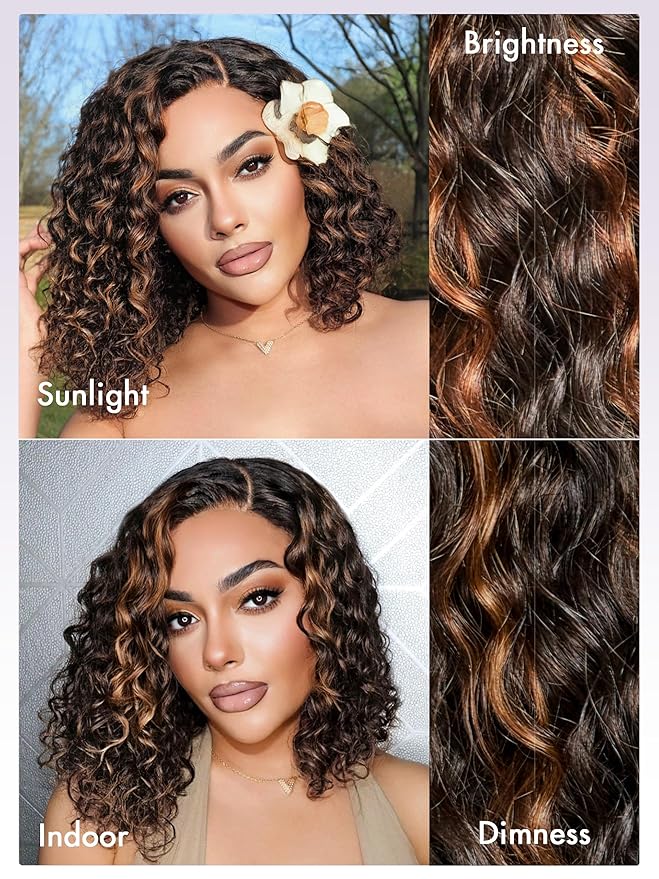 LUVME HAIR 12" Curly Glueless Wigs Human Hair Pre Plucked Pre Cut, Undetectable HD Lace Curly Bob Wig Human Hair Short Black Wig with Blonde Highlights Ready to Go Wig 180 Density