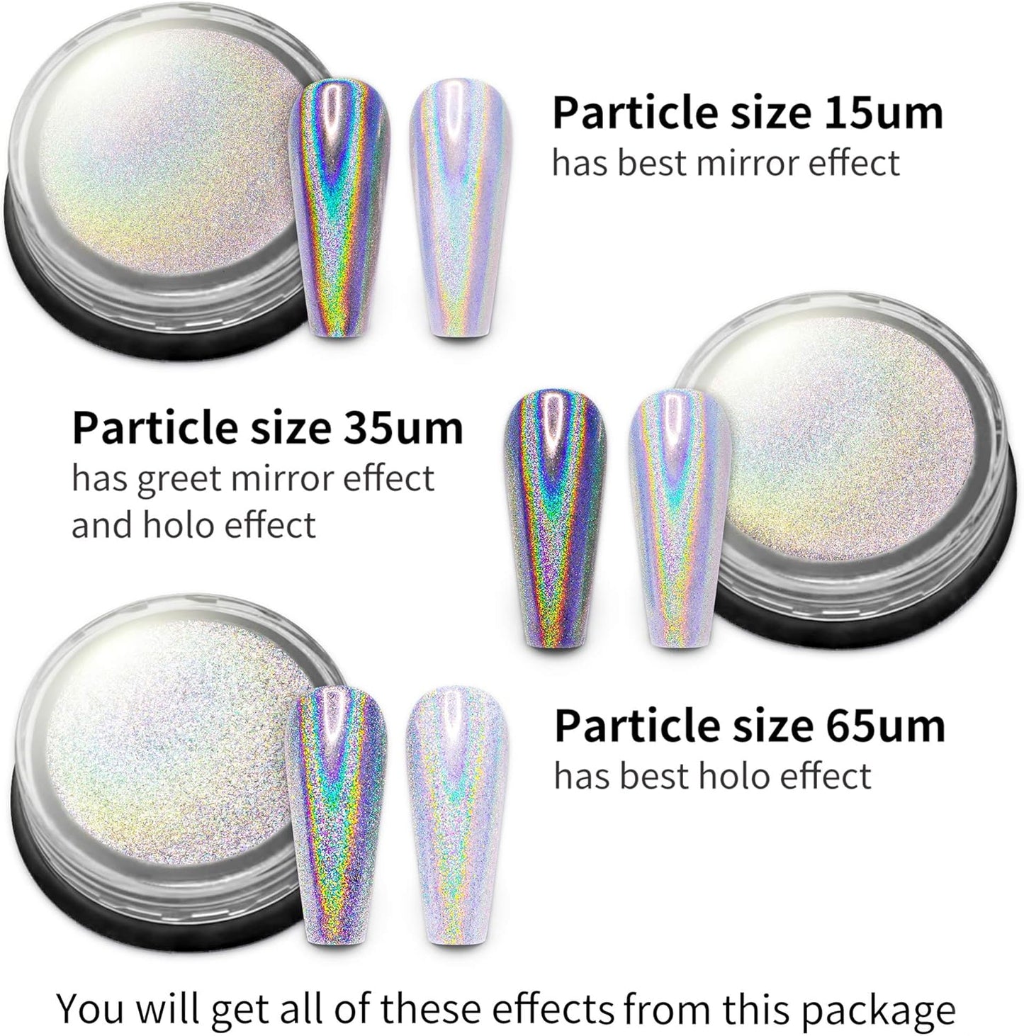 Artdone 3jars Holographic Chrome Nail Powder 1Gram Each, Unicorn Holo Rainbow Mirror Effect 20um 35um 65um Nail Pigment kit For Gel Polish Nail Art crome Set