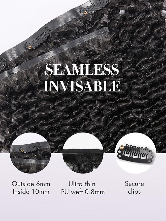 LUVME Seamless Clip in Hair Extensions Human Hair Kinky Curly 135g 7pcs 20 Inch Clip in Hair Extensions with Soft Invisible PU Weft Natural Black Hair for Women