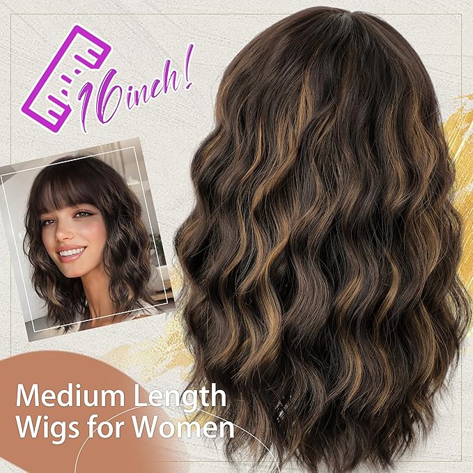 Nnzes Wig with Bangs for Women Shoulder Length Bob Wavy Women's Charming Synthetic Brown mixed Blonde Highlight Wigs with Natural Curly Heat Resistant Hair for Daily Party Use