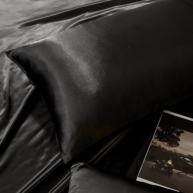 Black Satin Pillowcases Queen Size Set of 2 for Hair and Skin,Black Silk Pillowcase Breathable Pillowcase with Envelope Closure