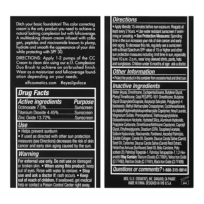 e.l.f. Camo CC Cream, Color Correcting Medium-To-Full Coverage Foundation with SPF 30, Deep 500 W, 1.05 Oz (30g)