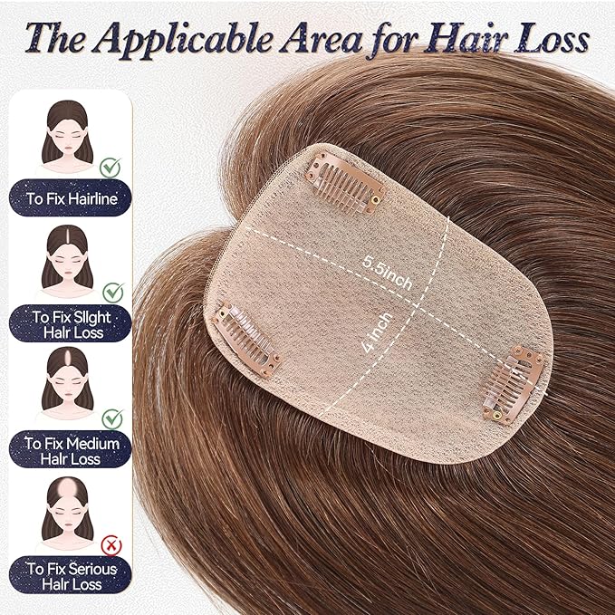 starluck Human Hair Toppers for Women Real Human Hair With Bangs 4 * 5.5 inch Base 12 inch SilkHug Hair Topper for Women Cover Grey Roots(Medium Brown)