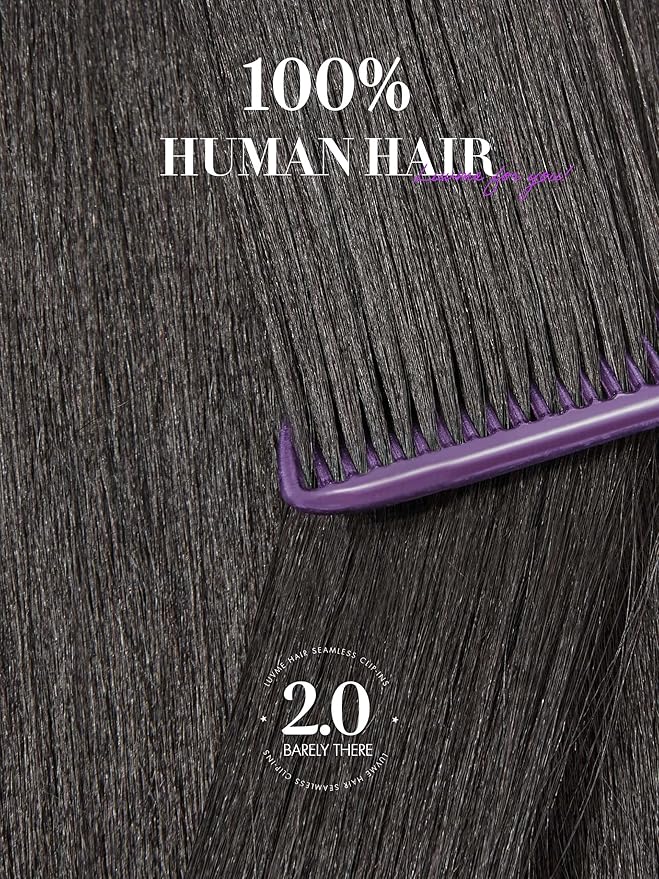 LUVME Invisible Clip in Hair Extensions, Yaki Straight Real Human Hair 16 Inch 2 Pack 220g 12pcs Clip ins Hair Extensions Natural Black for Women