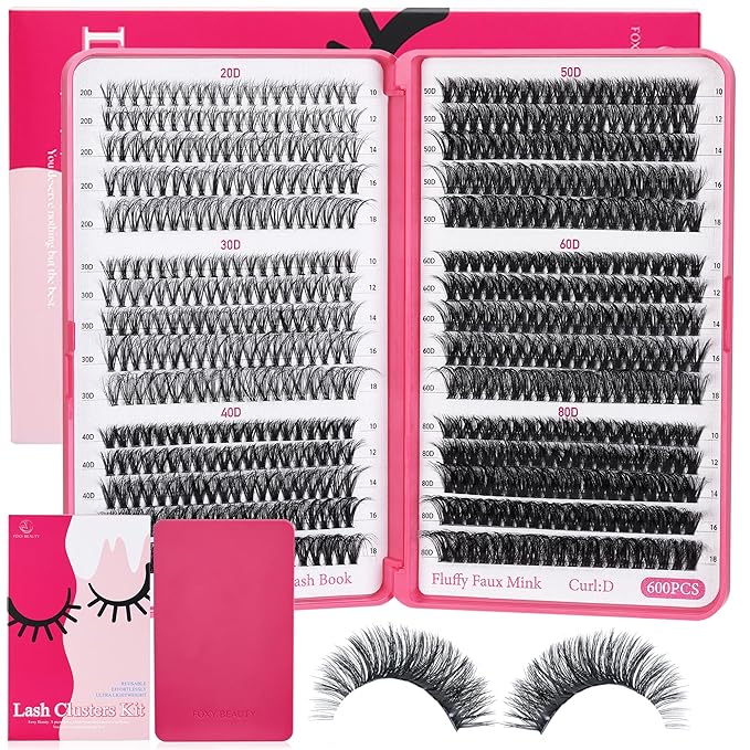 Lash Clusters 600PCS - Eyelash Clusters 20D+30D+40D+50D+60D+80D Wispy Individual Lashes D Curl Lash Extension 10-18MM Natural Lash Clusters DIY Cluster Eyelash Extensions for Beginners