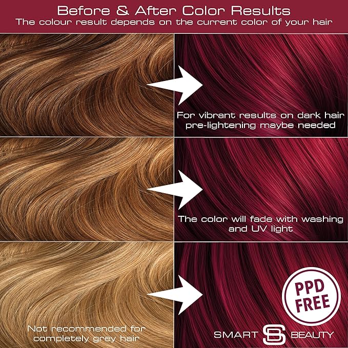 Smart Beauty Dark Red Hair Dye Permanent with Plex Anti-Breakage Technology, Real Red, 5.07 Fl Oz, PPD Free, Vegan, Cruelty Free, Suitable for light to mid-brown hair