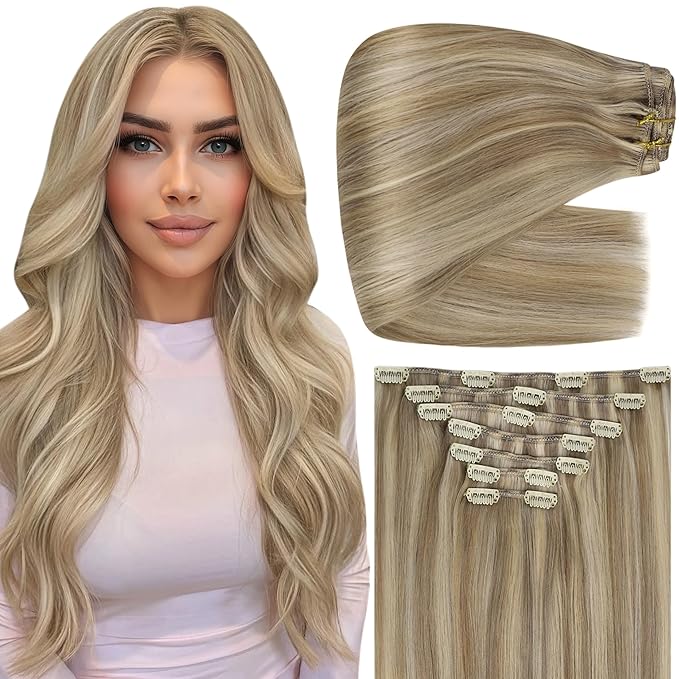 Full Shine Clip in Extensions Blonde Human Hair Highlight Clip in Hair Extensions Dark Blonde Mix Light Blonde Real Human Hair Extensions Clip ins 16 Inch 7 Pcs 135 G