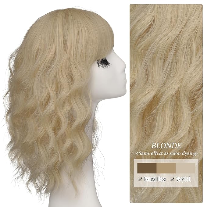 Nnzes Short Wavy Bob Wig with Bangs for Women Shoulder Length Curly Blonde Synthetic Heat-Resistant Fiber Hair for Daily & Party Use