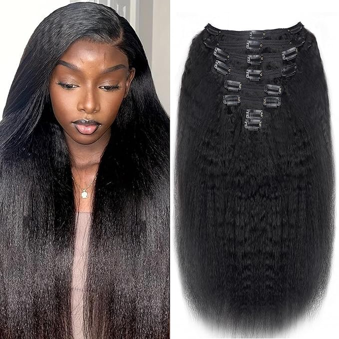Kinky Straight Clip in Hair Extensions Real Human hair For Women Brazilian Virgin Clip ins Human Hair Extensions 8 pcs 120g/pack(30inch,#1B)