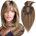 Hair Toppers for Women Real Human Hair With Bangs, 13 * 15 cm Larger Silk Base 150% Density Clip In Topper Hairpieces, Wiglet Top Pieces Add Volume -12 Inch 4P27 Medium Brown&Dark Blonde