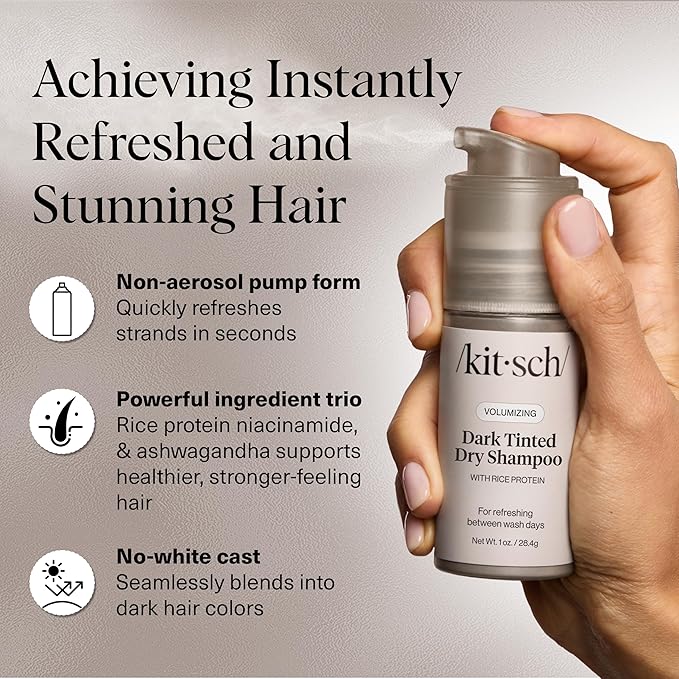 Kitsch Volumizing Rice Protein Dry Shampoo Powder - Dry Shampoo for Women & Men, Dark Hair, No White Cast, Absorbs Oil, Non-Greasy, Fragrance Free, Travel Size | Ideal Gifts for Women- Dark Tinted 1oz