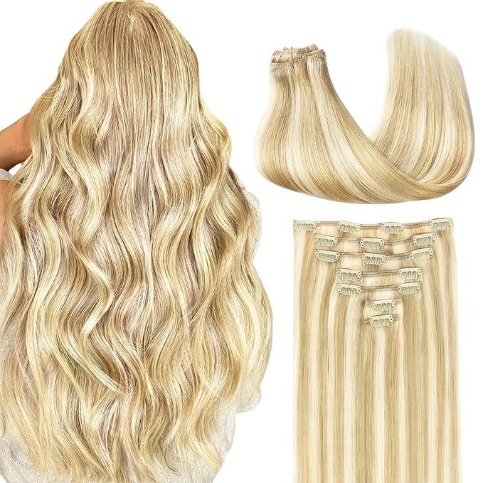 GOO GOO Clip in Hair Extensions Real Human Hair, Remy Human Hair Extensions Clip ins for Women, Natural Human Hair, 18inch 120g 7Pcs, 18D/22F Dirty Blonde Highlights