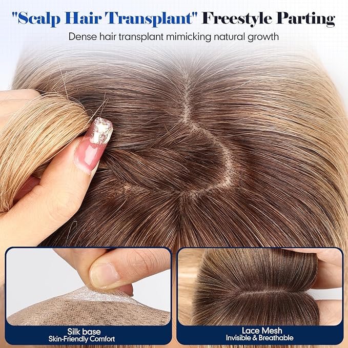 HAIRCUBE Hair Toppers For Women With Thinning 5"*5" Large Base Real Hair Toppers For Women, 14 Inch For Hand-Woven, 60g, Silk, Natural, realistic, Use Daily, Hairloss, Ombre Light Brown, with bangs