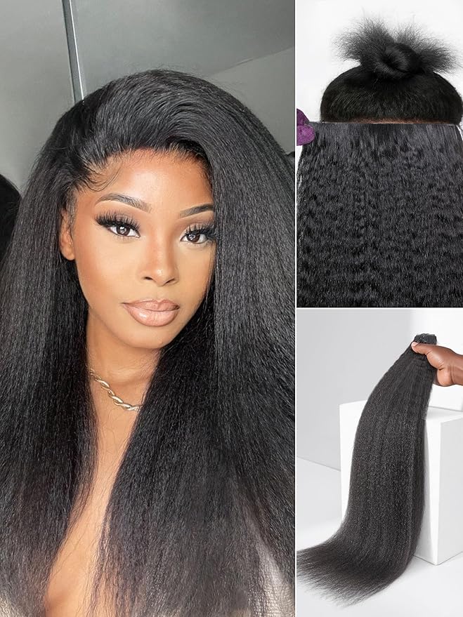 LUVME Invisible Clip in Hair Extensions, Kinky Straight Real Human Hair Remy Hair Clip ins for Women, Natural Human Hair, 16 inch 110g 7Pcs, Natural Black