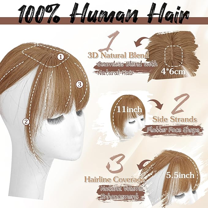 Hair Toppers for Women Real Human Hair - 360° Coverage Light Brown Clip In Topper with Bangs for Thinning Hair Upgraded 4×6 cm Silk Base Ideal for Everyday Use