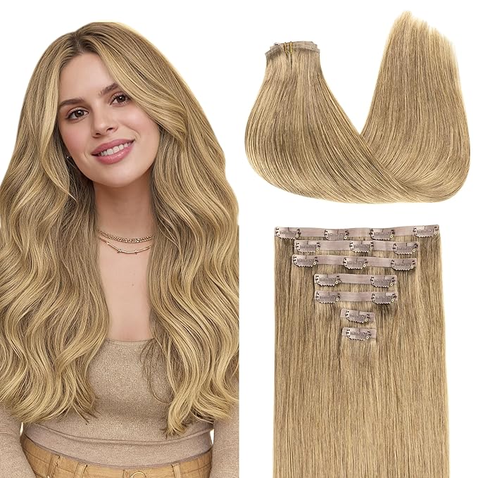 GOO GOO Clip in Hair Extensions Real Human Hair, Remy Human Hair Extensions Clip ins for Women, Natural Human Hair, 16inch 110g 7Pcs, 7 Bronde
