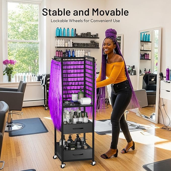300 Pegs Braiding Rack with Large Drawers, 3-Sided Hair Rack with Wheels and 16 Braiding Tools, Hair Extension Holder 52 Inch Height for Hair Salon, Home