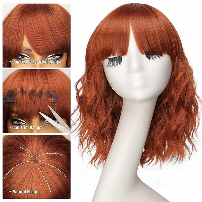 Nnzes Short Orange red Wavy Wig with Bangs for Women Shoulder Length Bob Curly Women's Charming Synthetic Wigs with Natural Wavy Wig Heat Resistant Hair for Daily Party Use