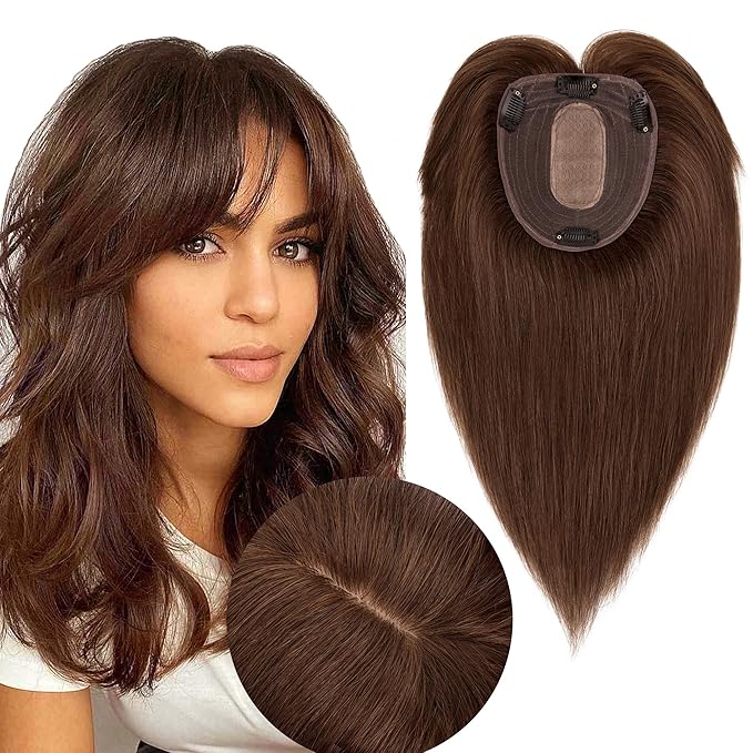 Hair Toppers for Women Real Human Hair With Bangs, 13 * 15 cm Larger Silk Base 150% Density Clip In Topper Hairpieces, Wiglet Top Pieces Add Volume -12 Inch 04 Medium Brown